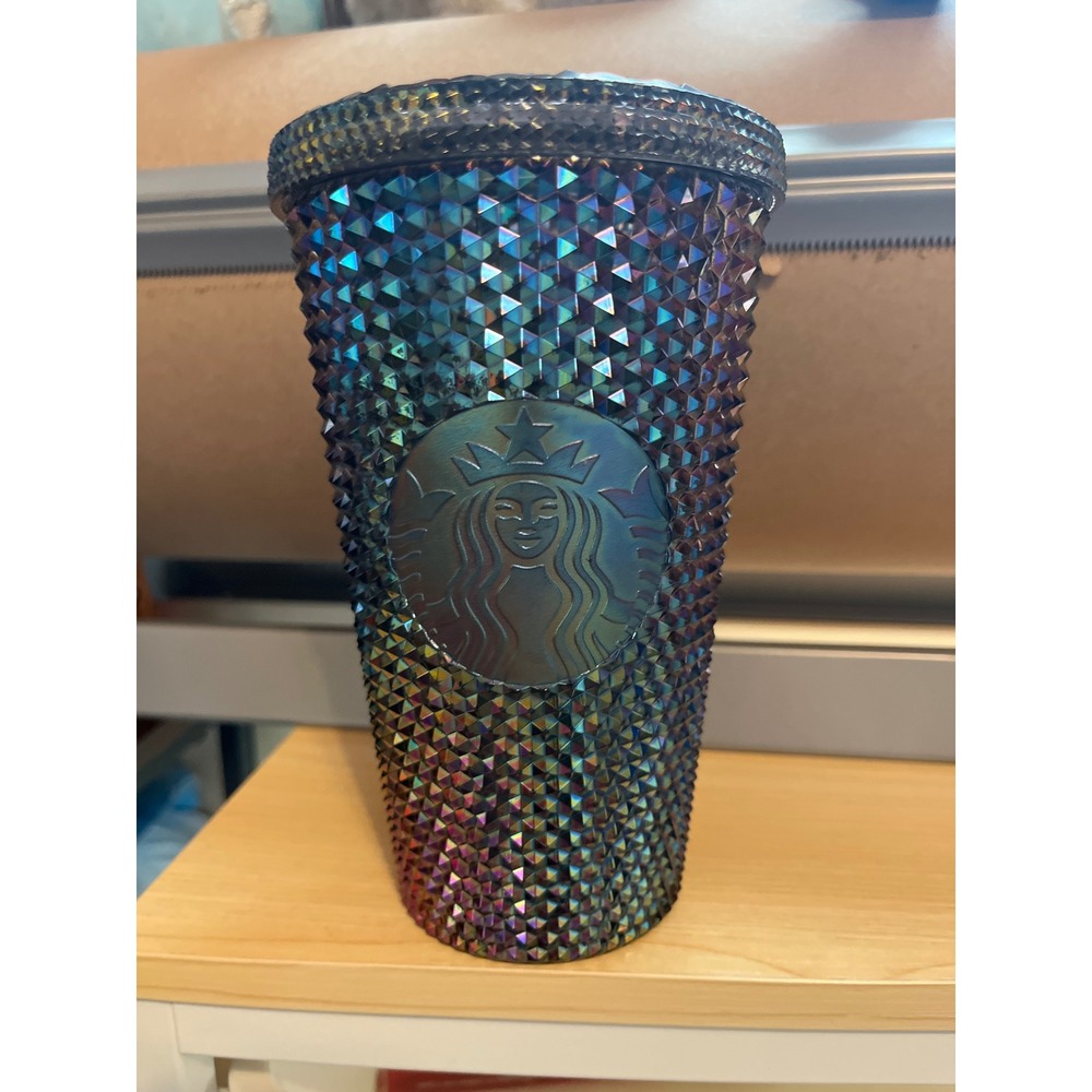 Starbucks Iridescent Oil Slick Studded Tumbler 16oz Cold Cup Dark Rainbow Siren